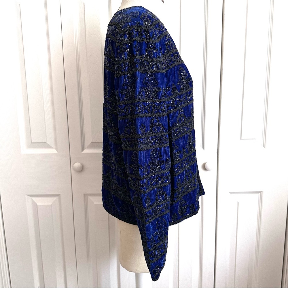 Papell Boutique Evening Jacket Blue Velvet Black Beading XL - Picture 2 of 7